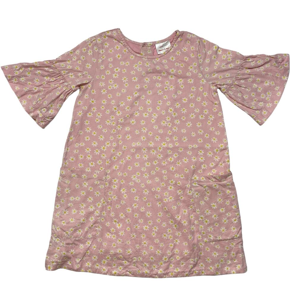 HANNA ANDERSSON Pink White Daisy Print Pocket Dress Size 120 6-7 Bell Sleeve
